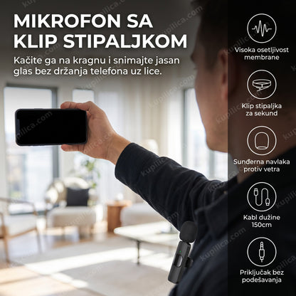 mikrofon za mobilni telefon prikačen klipom na kragnu tokom snimanja, benefiti proizvoda
