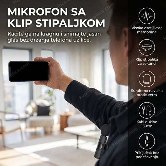 mikrofon za mobilni telefon prikačen klipom na kragnu tokom snimanja, benefiti proizvoda