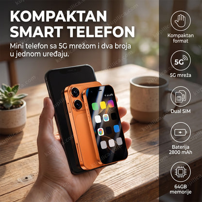 Mini android telefon narandžaste boje na dlanu, poređenje veličine, benefiti proizvoda