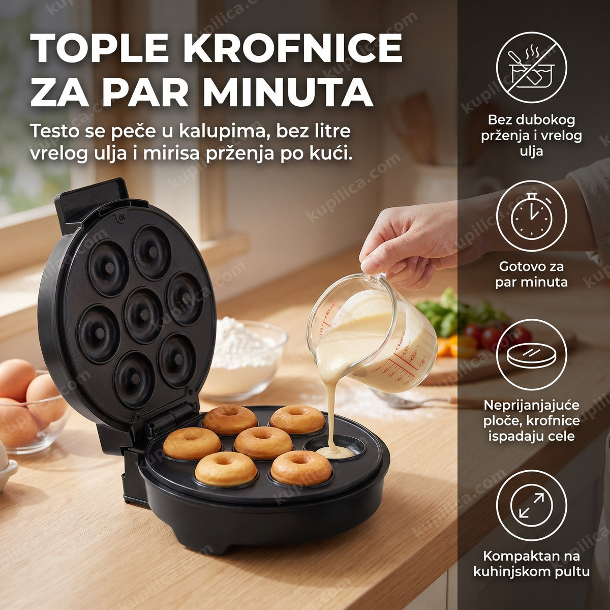 mini aparat za krofnice koji peče tople mafinaste krofnice u kuhinji, benefiti proizvoda