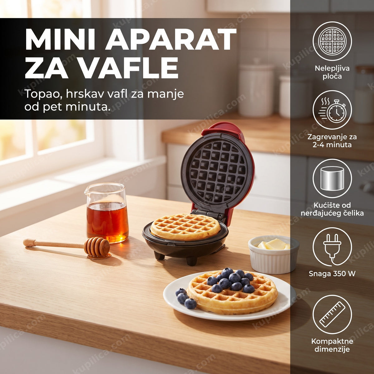 mini aparat za vafle sa gotovim vaflom i borovnicama na kuhinjskom šanku, benefiti proizvoda