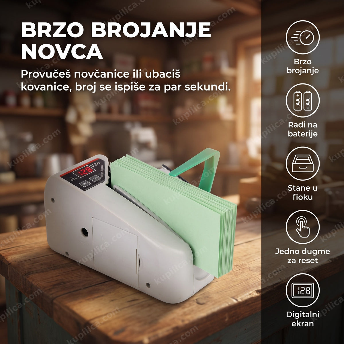 mini brojač novca sa snopom novčanica na digitalnom ekranu, benefiti proizvoda
