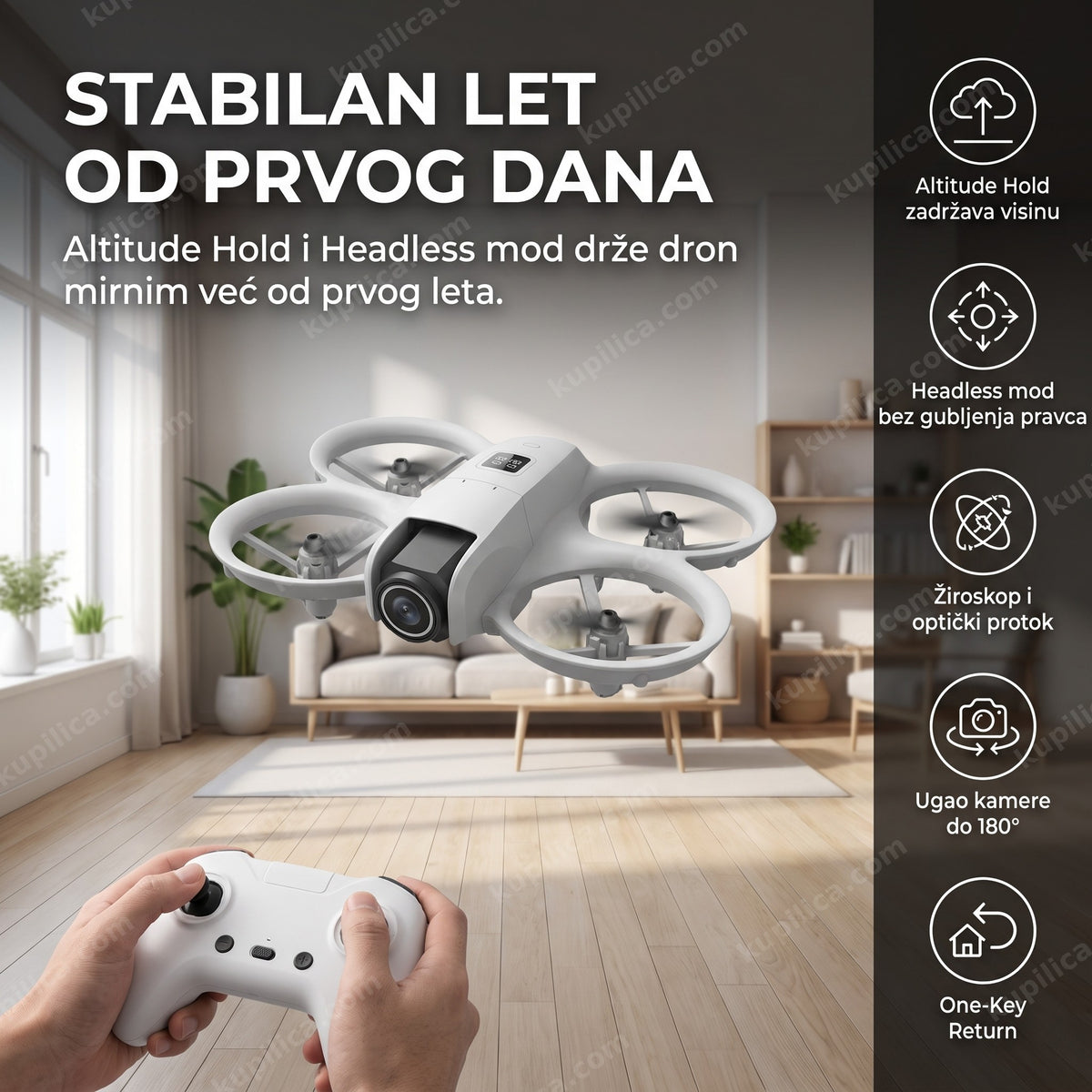 Mini dron sa kamerom lebdi u dnevnoj sobi, daljinski upravljač u prvom planu