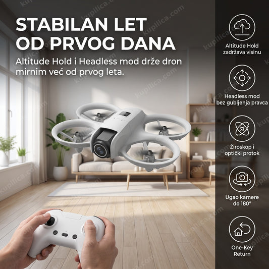 Mini dron sa kamerom lebdi u dnevnoj sobi, daljinski upravljač u prvom planu