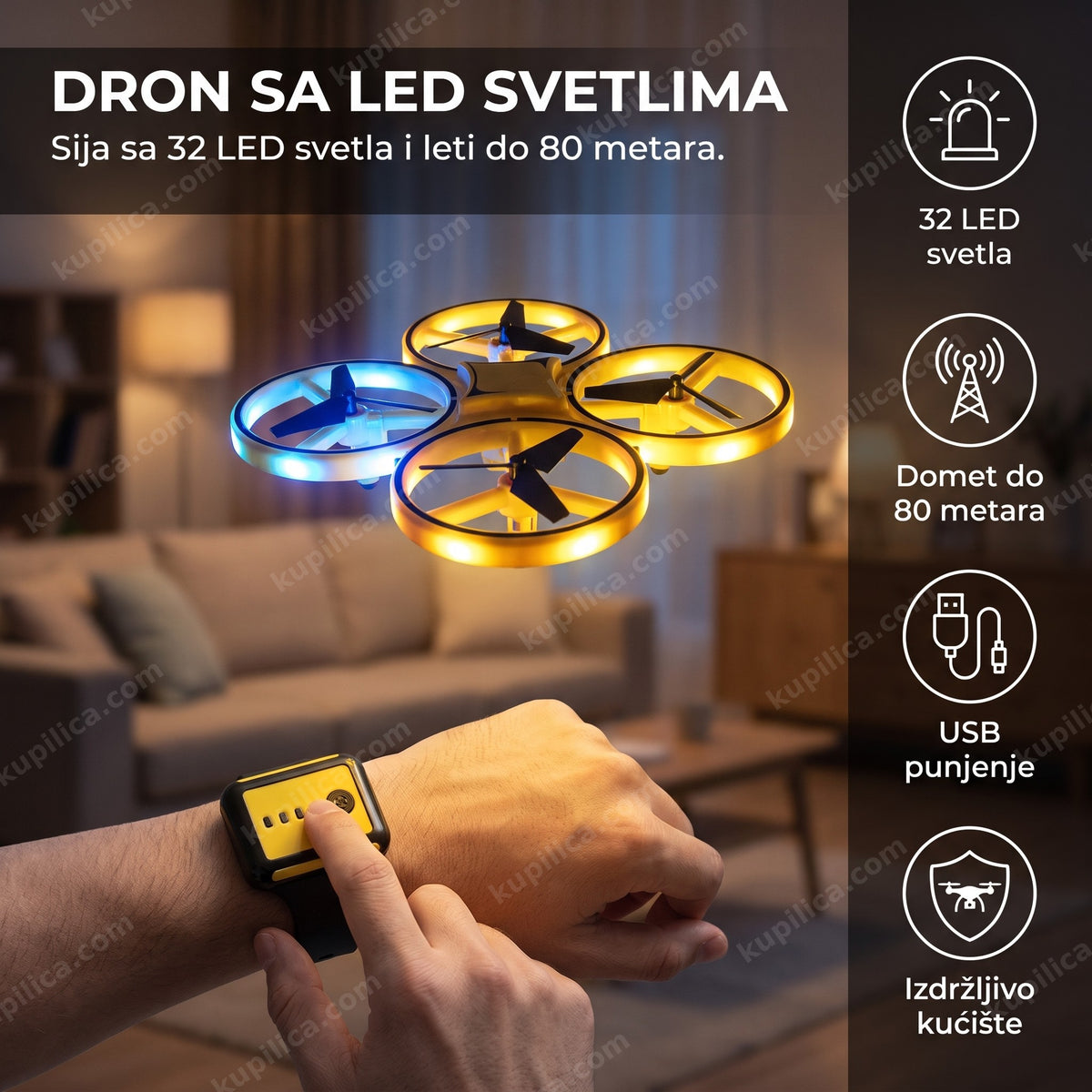 mini dron sa led svetlima leti u dnevnoj sobi, odrasla osoba drži daljinski, benefiti proizvoda