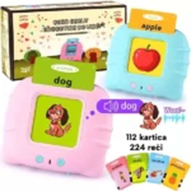 roze i plavi edukativni uređaj sa karticama dog i apple, 112 kartica ukupno