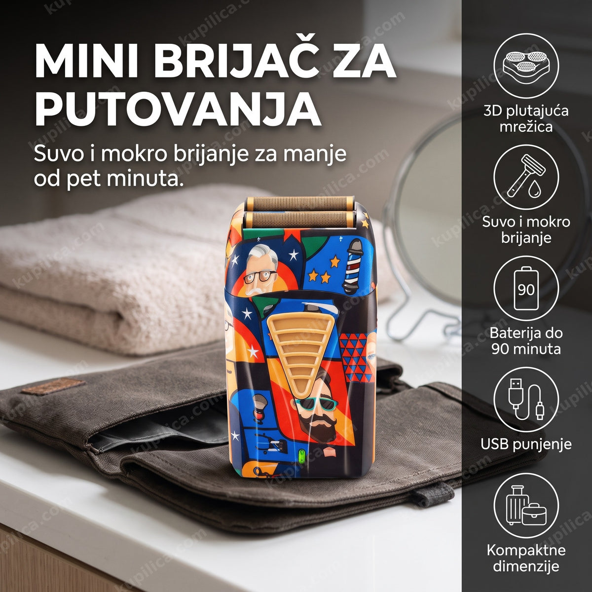 mini električni brijač za putovanja pored kozmetičke torbe u hotelskom kupatilu, benefiti proizvoda