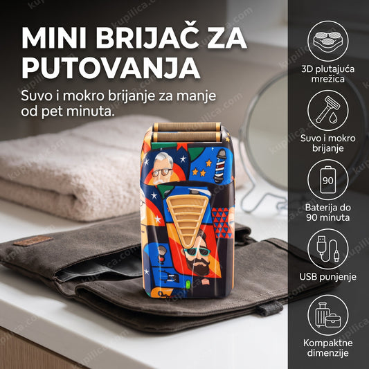 mini električni brijač za putovanja pored kozmetičke torbe u hotelskom kupatilu, benefiti proizvoda