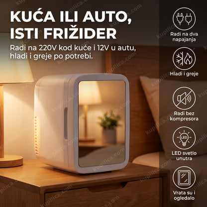 Mini frižider 4L sa ogledalom i LED svetlom na stočiću u spavaćoj sobi — benefiti proizvoda