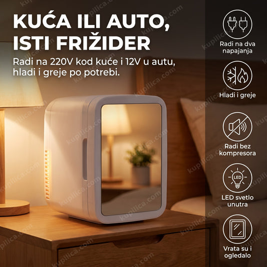 Mini frižider 4L sa ogledalom i LED svetlom na stočiću u spavaćoj sobi — benefiti proizvoda