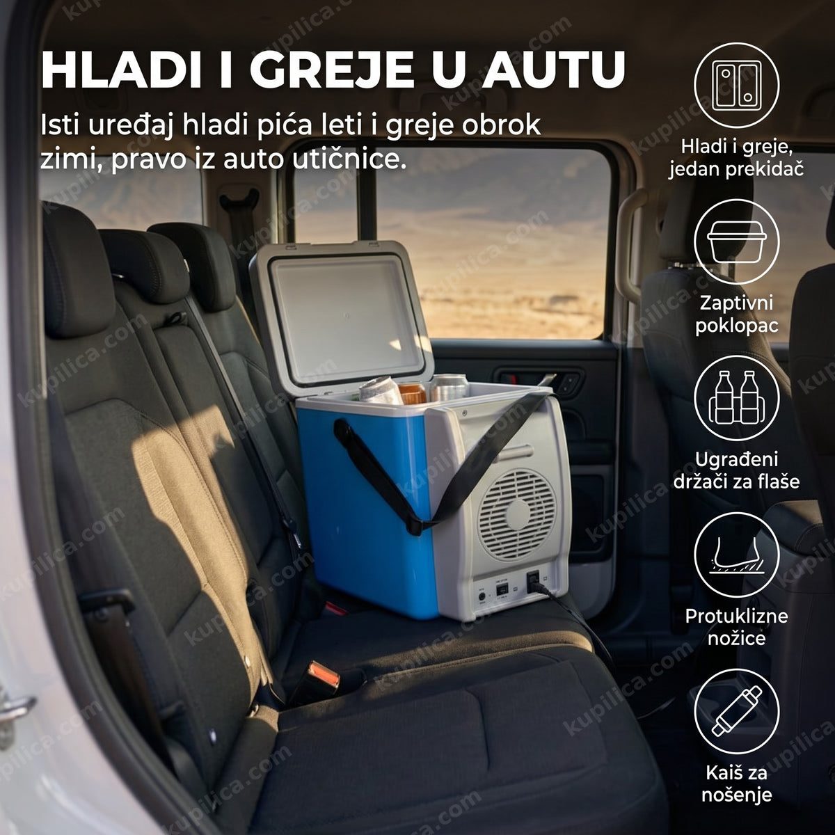 frostbox mini frižider za auto na zadnjem sedištu sa otvorenim poklopcem, benefiti proizvoda
