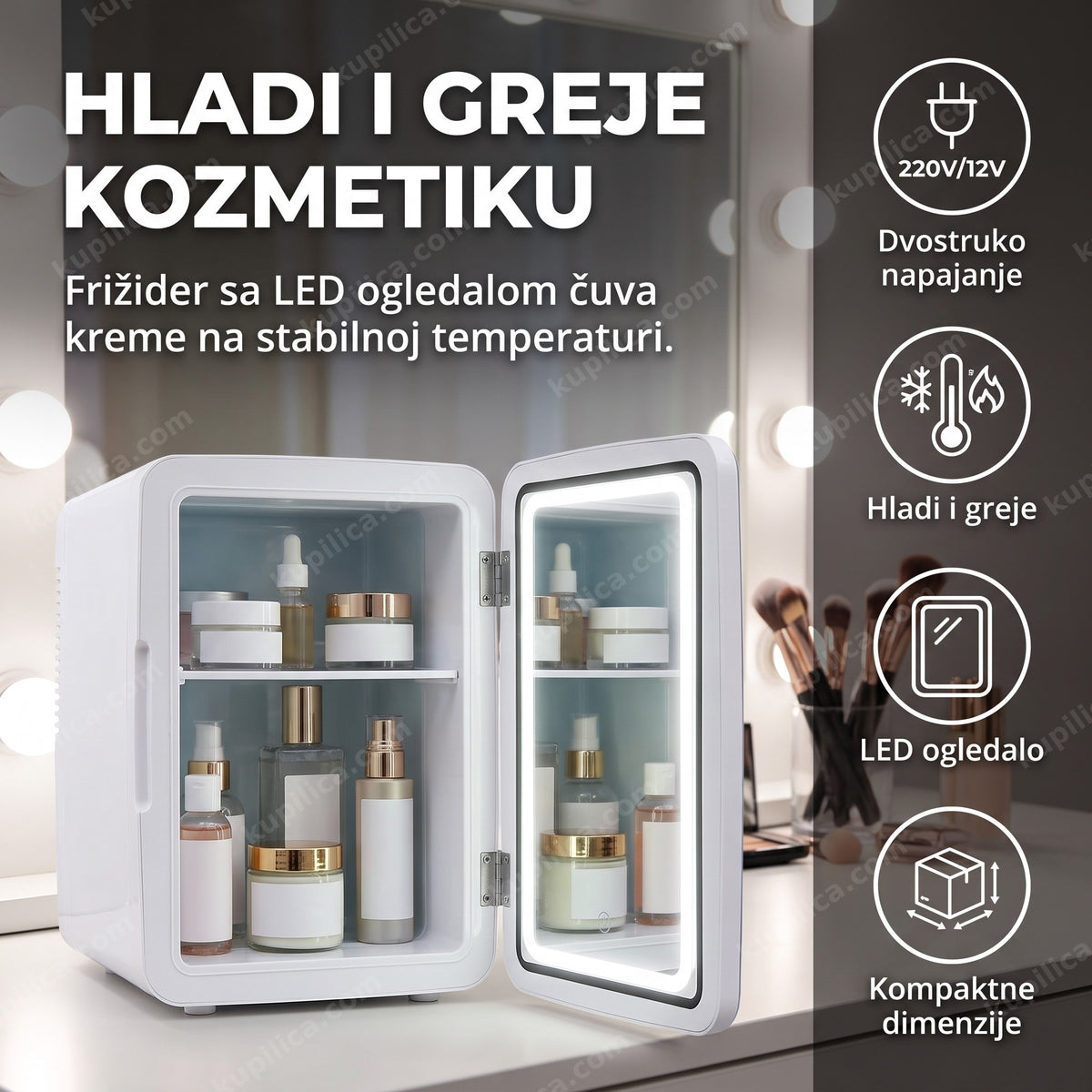 Beli mini frižider za kozmetiku sa LED ogledalom na toaletnom stočiću