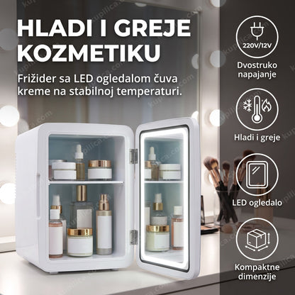 Beli mini frižider za kozmetiku sa LED ogledalom na toaletnom stočiću