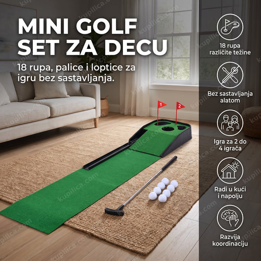 Mini golf set za decu postavljen na podu dnevne sobe sa palicama, benefiti proizvoda