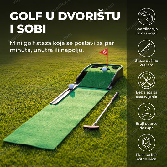 zeleni mini golf set za decu sa palicom i lopticama na travi
