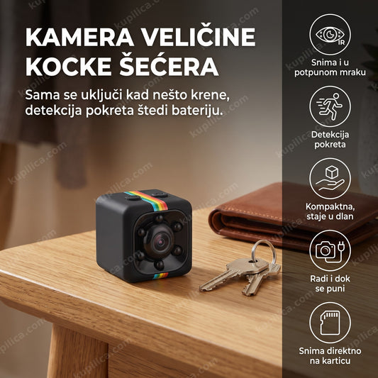 mini kamera sa detekcijom pokreta na stolu pored ključeva i novčanika, benefiti proizvoda