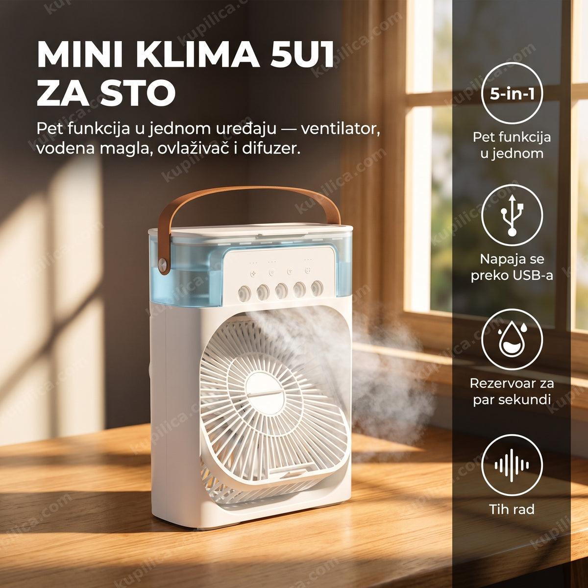 bela mini klima 5u1 sa vodenom maglom na radnom stolu leti, benefiti proizvoda