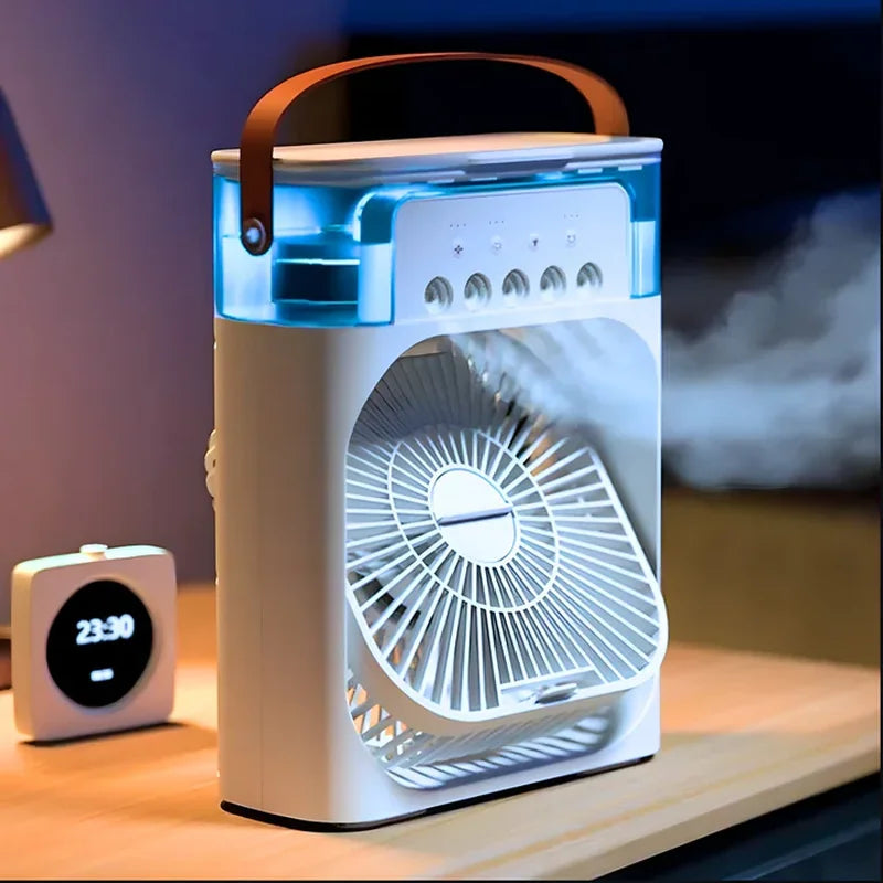 mini klima 5u1 vodena magla i difuzer na stolu uveče ispušta paru