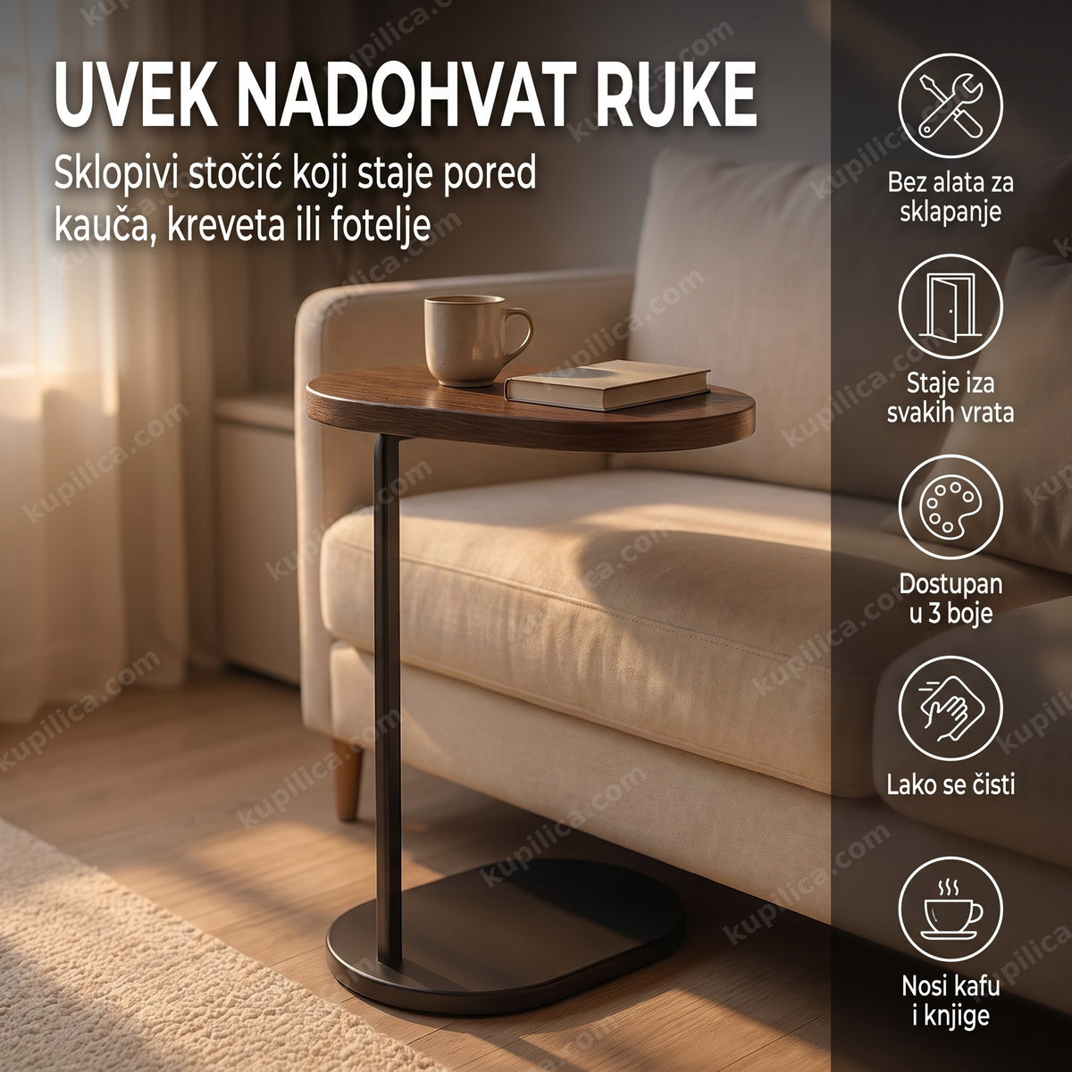 mini klub stočić za kafu — sklopivi stočić pored kauča sa šoljom i knjigom