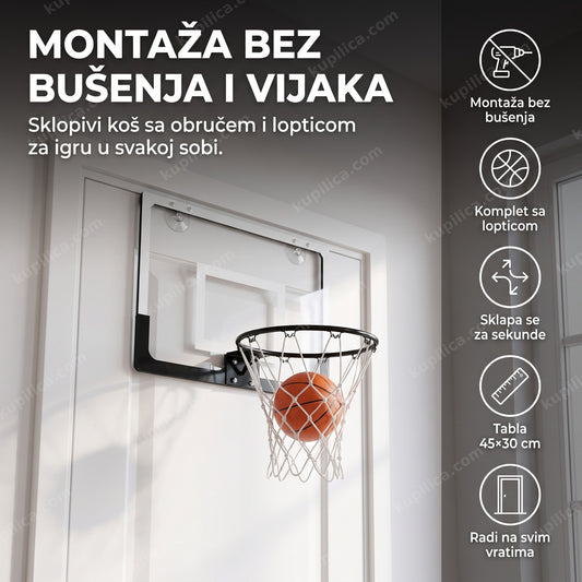 mini košarkaški koš okačen na vrata sobe sa lopticom u mreži