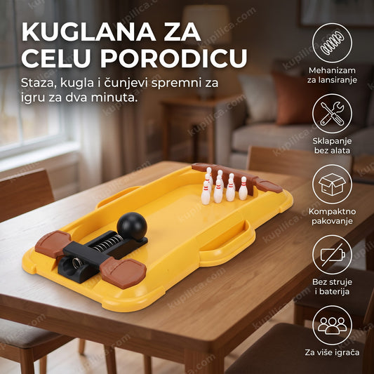 mini kuglana sa žutom stazom, čunjevima i kuglom na stolu
