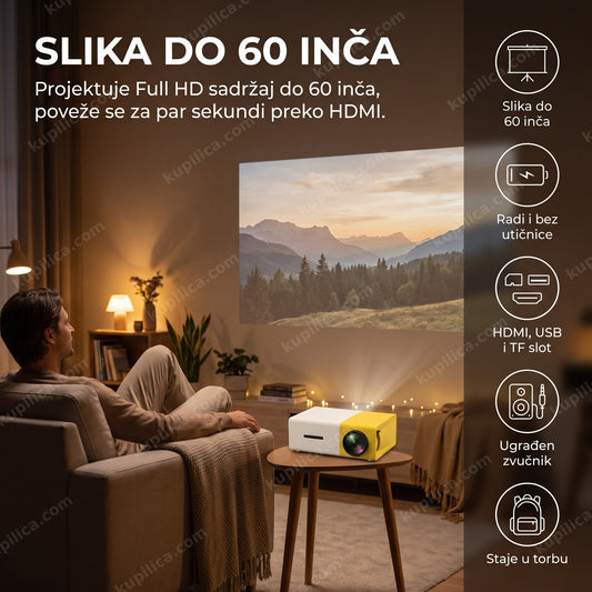 Mini LED projektor YG300 sa projekcijom na zidu i prikazom benefita proizvoda