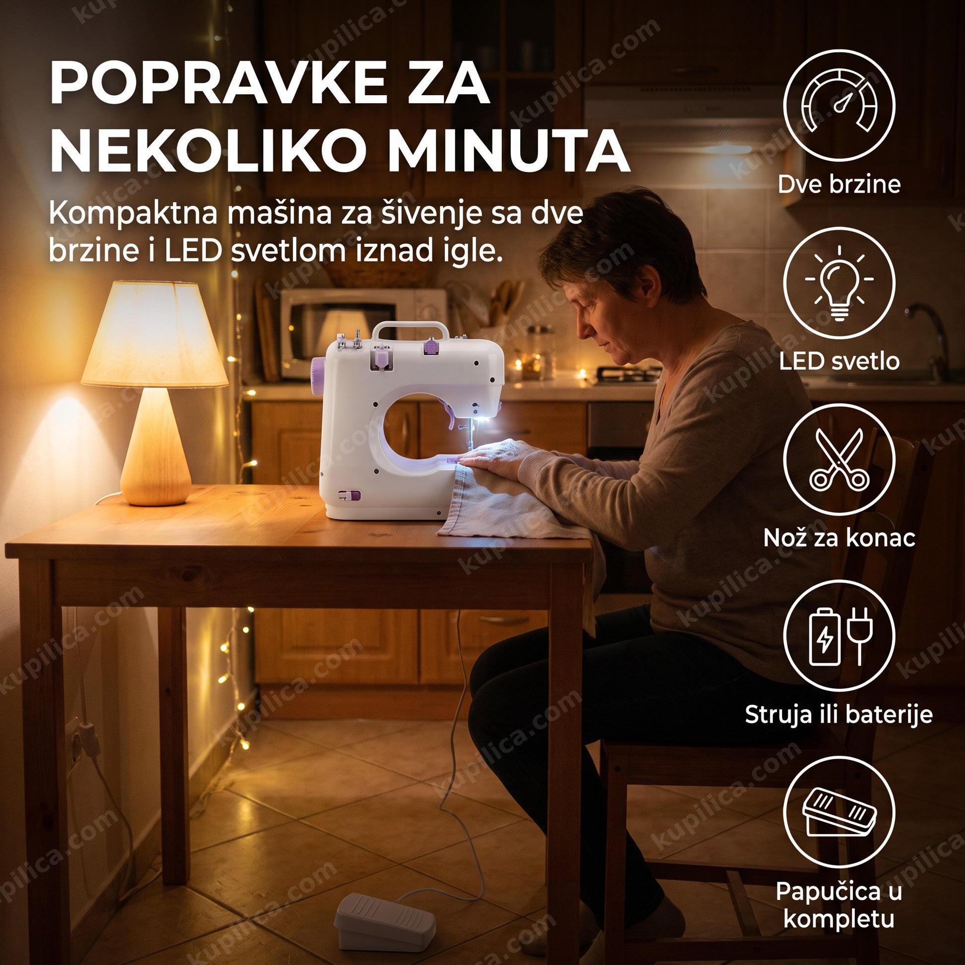 Mini mašina za šivenje SM-202A — odrasla osoba šije porub na kuhinjskom stolu, LED svetlo iznad igle, papučica ispod stola