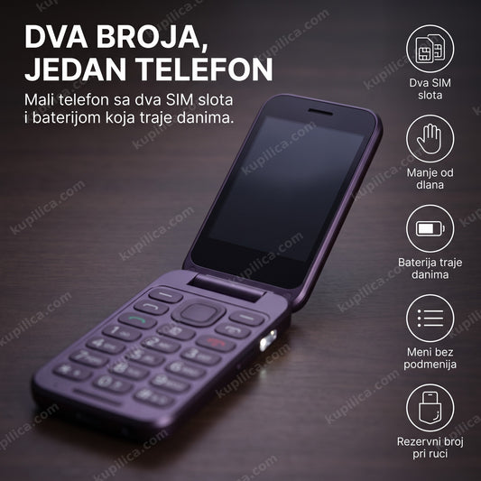 mini mobilni telefon dual sim otvoren sa displejom i tastaturom sa brojevima