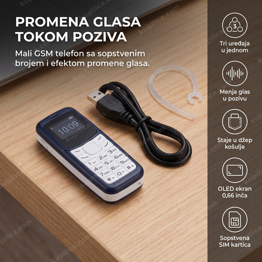 mini mobilni telefon sa bluetooth slušalicom i usb kablom na stolu