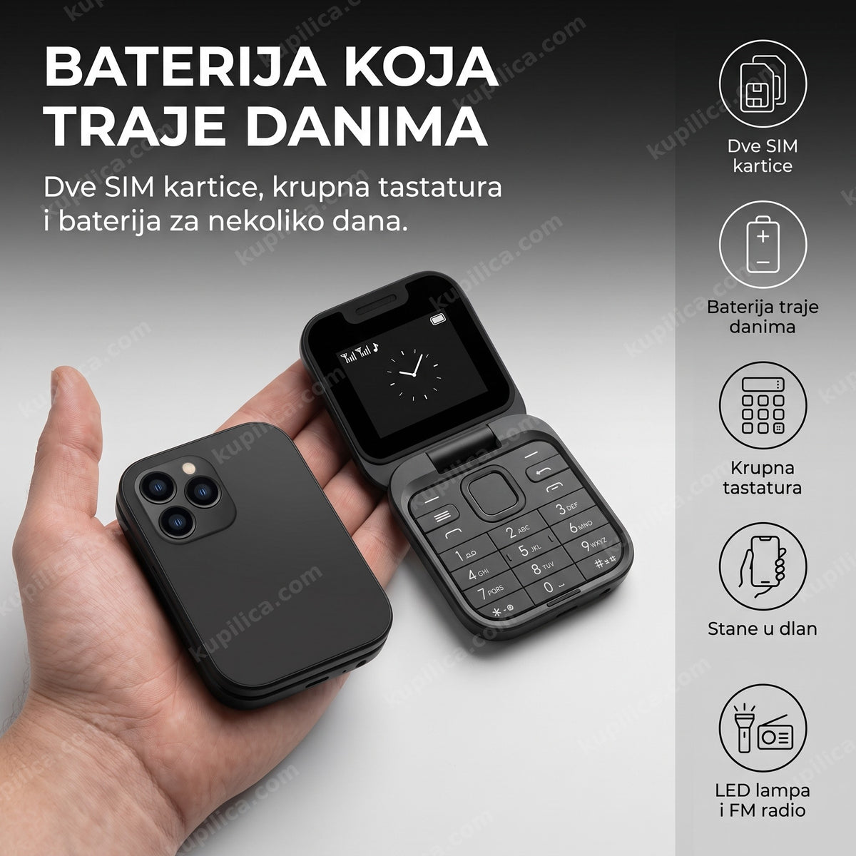 mini mobilni telefon na preklop — sklopljen i otvoren telefon na dlanu, benefiti proizvoda
