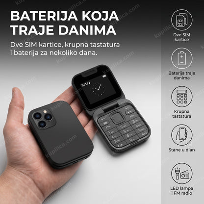 mini mobilni telefon na preklop — sklopljen i otvoren telefon na dlanu, benefiti proizvoda