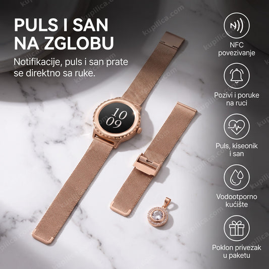 mini pametni sat za žene pored dodatnog kaiša i priveska na mermeru, benefiti proizvoda