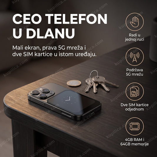 Mini pametni telefon 5G pored ključeva na stolu, prikaz benefita proizvoda