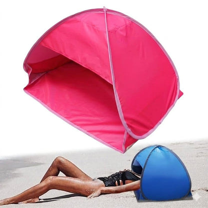 mini pop-up šator za plažu u roze i plavoj boji na pesku