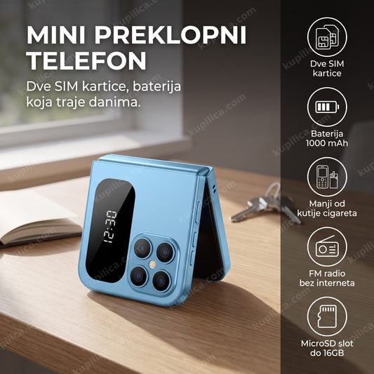 Plavi mini preklopni telefon sa ugašenim ekranom na stolu, benefiti proizvoda