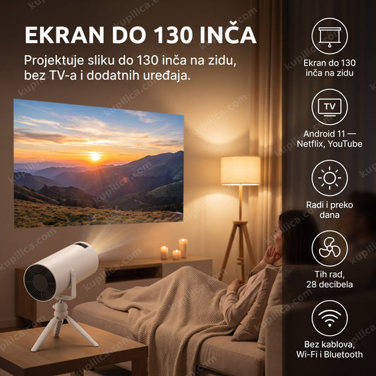 mini projektor projektuje sliku na zidu tokom filmske večeri, benefiti proizvoda