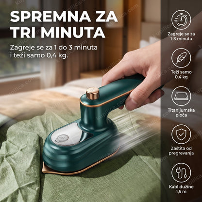 mini putna pegla - zelena titanijumska pegla za peglanje košulje u hotelskoj sobi, benefiti proizvoda