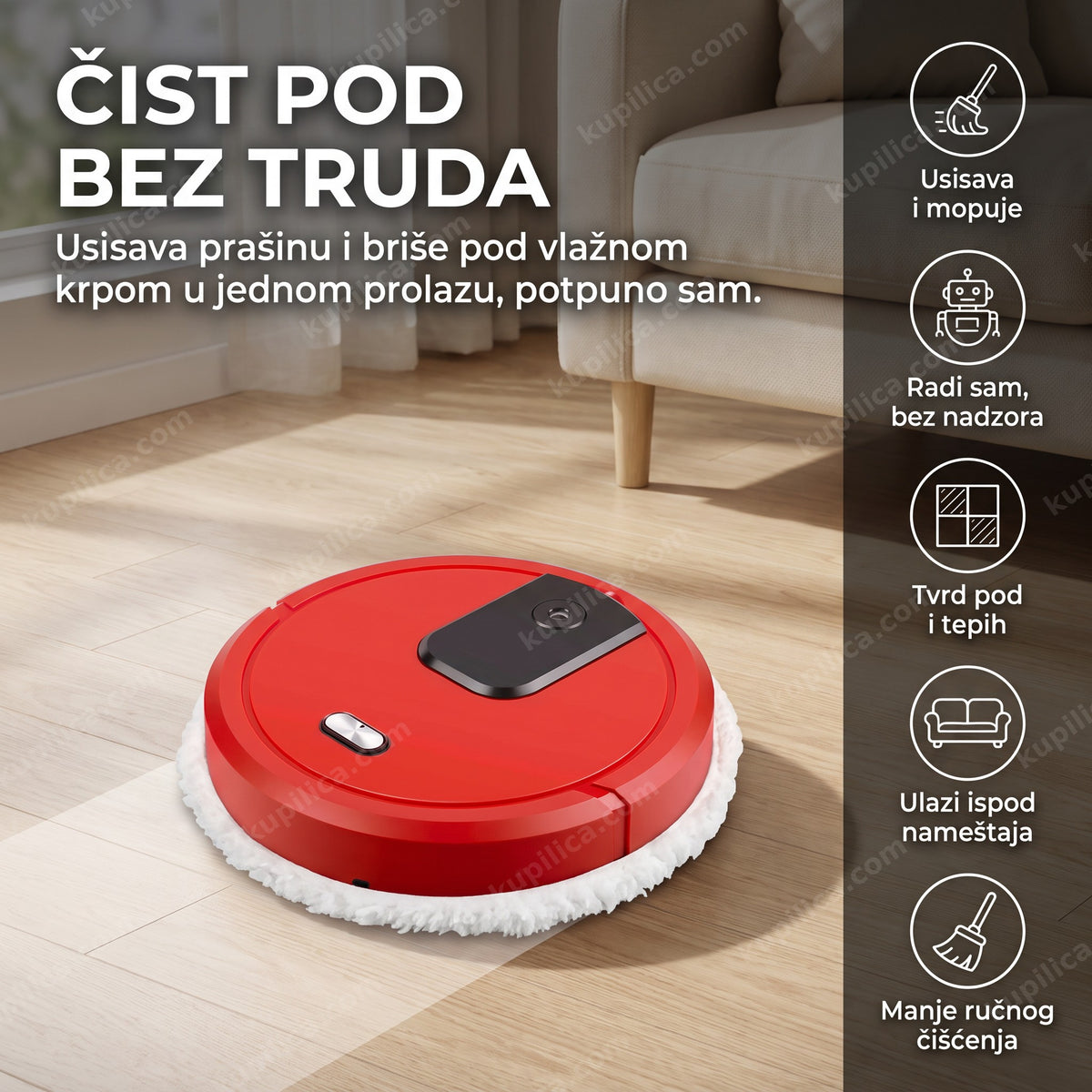 mini robot usisivač 2 u 1 — čisti dnevni boravak na parketu pored sofe