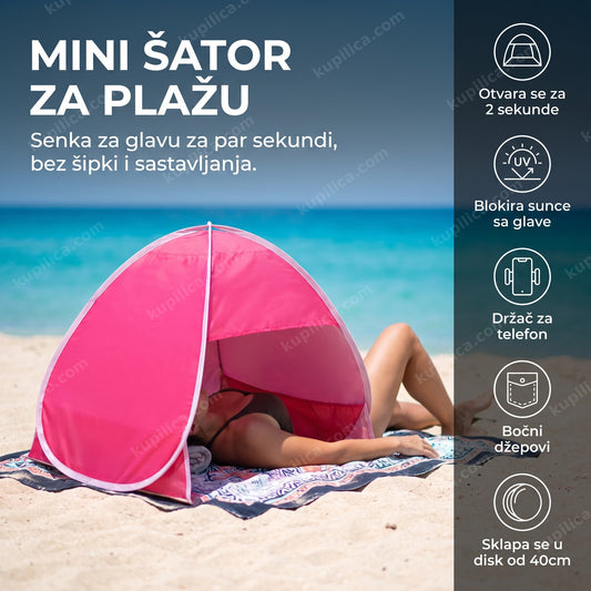 Mini šator za plažu postavljen na peškiru sa senkom za glavu - benefiti proizvoda