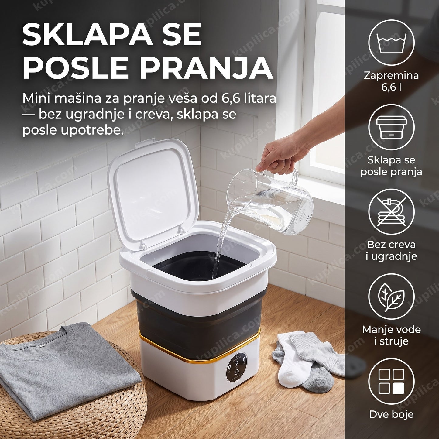 Mini sklopiva mašina za pranje veša 6,6 l — odrasla osoba sipa vodu u prenosivu mašinu u malom stanu