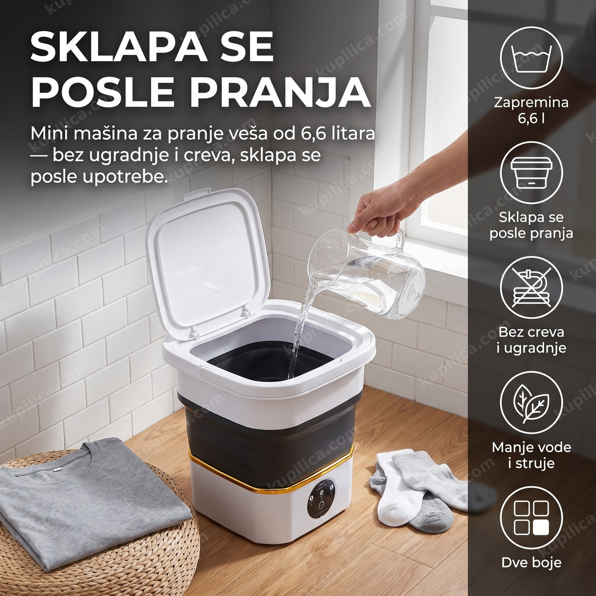 Mini sklopiva mašina za pranje veša 6,6 l — odrasla osoba sipa vodu u prenosivu mašinu u malom stanu