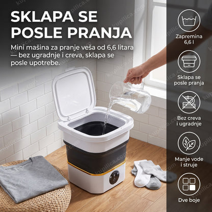 Mini sklopiva mašina za pranje veša 6,6 l — odrasla osoba sipa vodu u prenosivu mašinu u malom stanu