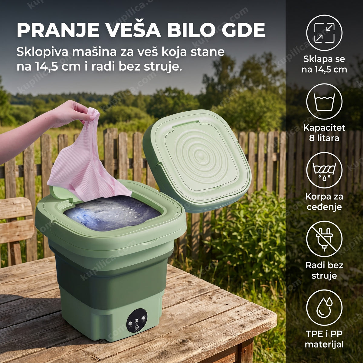 sklopiva mini mašina za veš na terasi vikendice tokom pranja veša, benefiti proizvoda