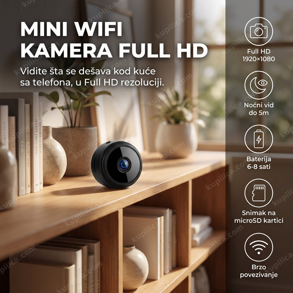 mini špijunska wifi kamera full hd na polici u dnevnoj sobi, benefiti proizvoda