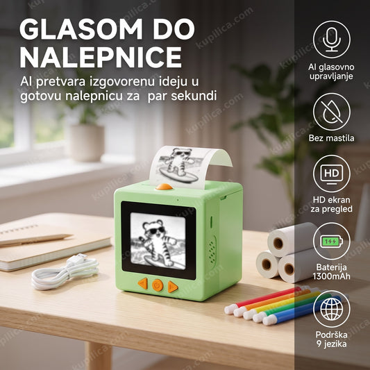 mini štampač nalepnica sa glasovnom komandom SmartPrint AI na stolu dok štampa
