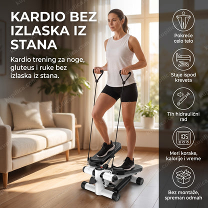 mini steper sa trakama za vežbanje — žena vežba kod kuće na steperu, benefiti proizvoda