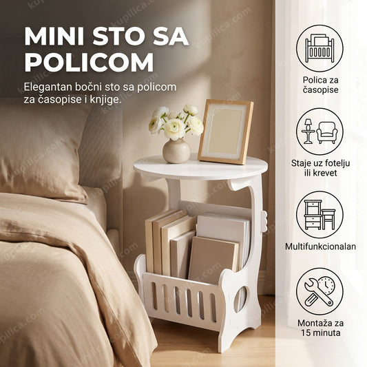 mini sto sa policom za časopise pored kreveta u spavaćoj sobi, prikaz benefiti proizvoda