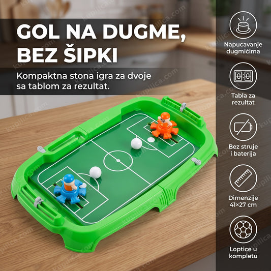 zeleni mini stoni fudbal sa napucavanjem i figurama igrača na terenu