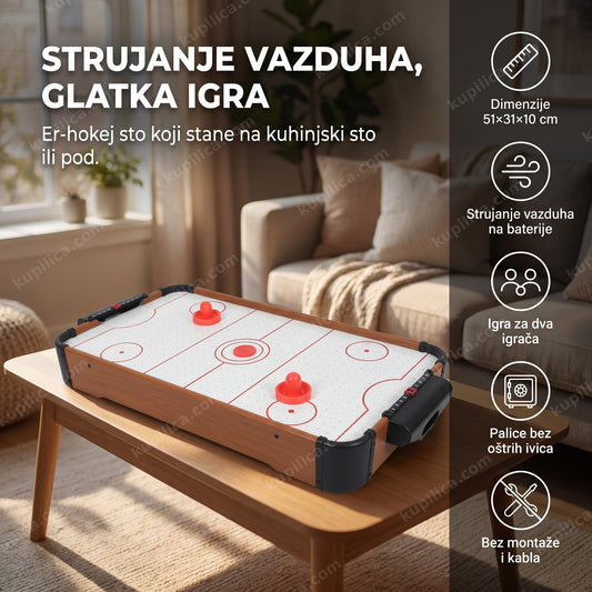 mini stoni hokej za decu sa crvenim palicama i pakom na stolu