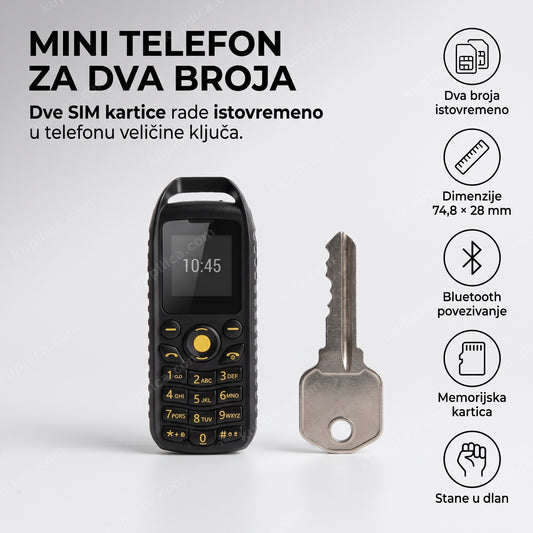 crni mini telefon dual sim sa fizičkom tastaturom na podlozi